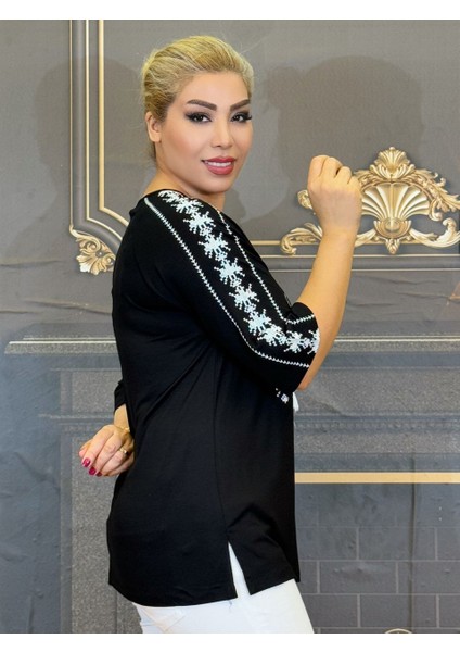 Bluz Penye Pamuk Iplik V Yaka Yarasa Kolu Işlemeli Günlük Siyah Renk Kadın fırsatları