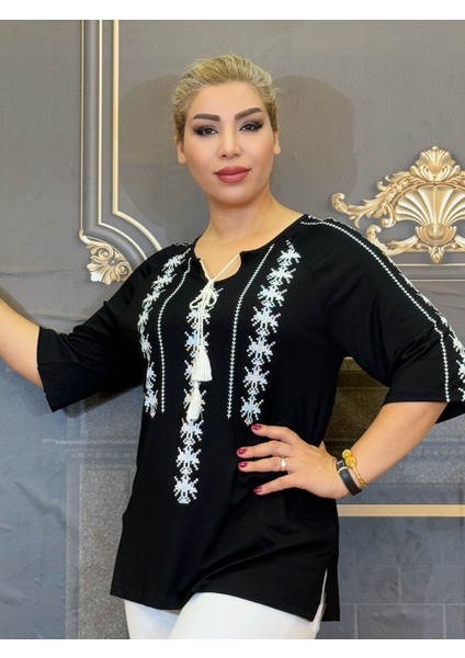 Bluz Penye Pamuk Iplik V Yaka Yarasa Kolu Işlemeli Günlük Siyah Renk Kadın indirimleri