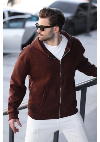 Acı Kahve Kapüşonlu Erkek Polar Hırka E7168 modelleri