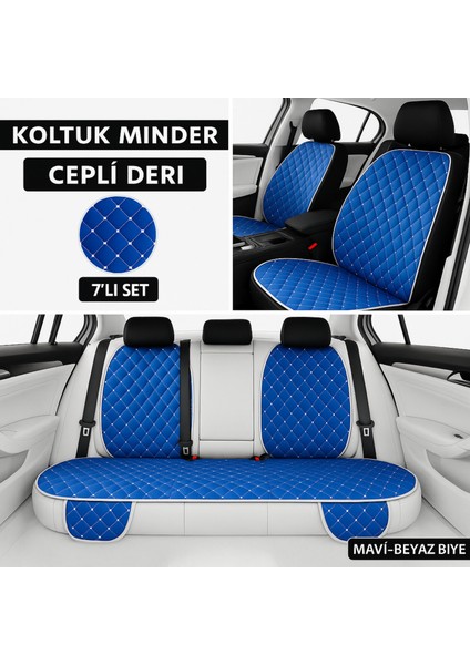 Renault Fluence 2010–2016 Uyumlu 7 Parça Kapitone Araba Koltuk Minderi Deri Mavi - Kaymaz | Trobus