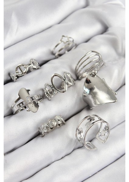 Pirinç Sarmal ve Yıldız Model Gümüş Renk Kadın Yüzük Kombin Set