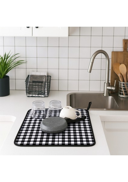 Siyah Kareli Bulaşık Kurutma Örtüsü, Tezgah Üzeri Bulaşık Matı Süper Emici Çift Taraflı