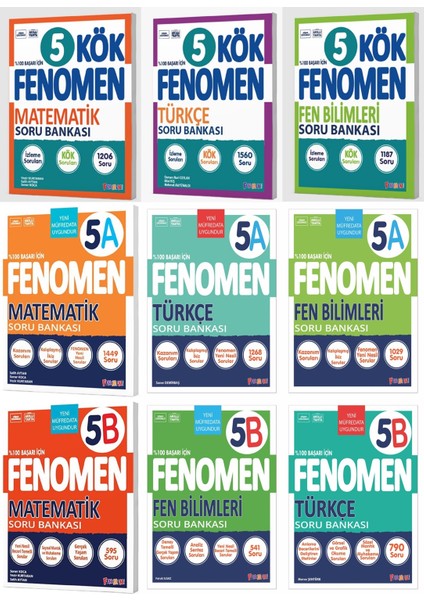 Fenomen Okul 2025 5. Sınıf Matematik + Türkçe + Fen Kök + A + B Soru Seti 9 Kitap Güncel Müfredat