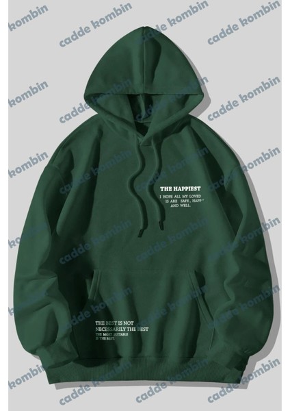 Unisex Yeşil Happiest Baskılı Oversize Kapşonlu