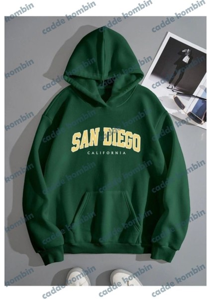 San Diego California Sweatshirt - Nefti Yeşil Baskılı Oversize Kışlık Kalın