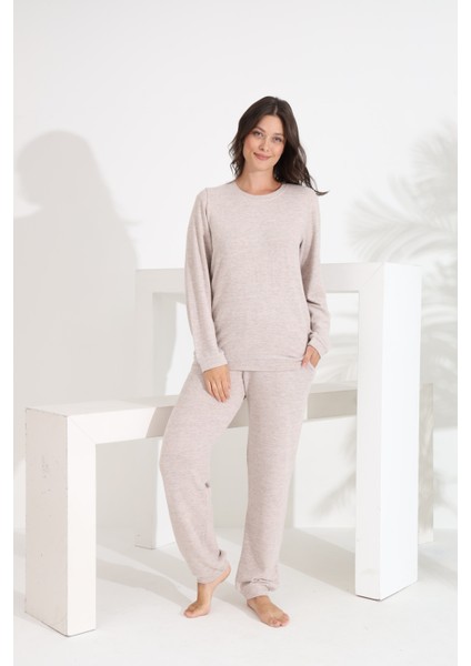 %100 Pamuk Uzun Kol Manşetli Cepli Kadın Pijama Takımı 98414