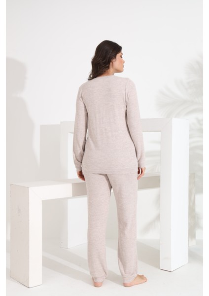 %100 Pamuk Uzun Kol Manşetli Cepli Kadın Pijama Takımı 98414 indirimleri