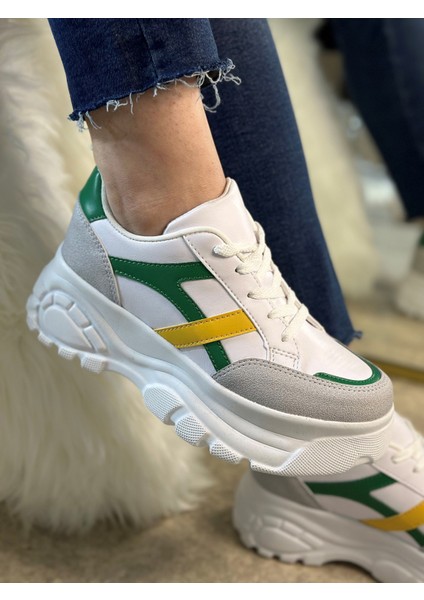 Günlük Kadın Sneaker Kalın Yüksek Taban Bağcıklı Rahat Tiger Şeritli Spor Ayakkabı 032
