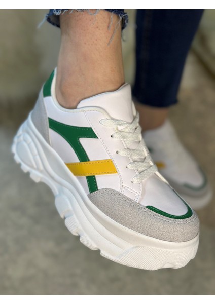 Günlük Kadın Sneaker Kalın Yüksek Taban Bağcıklı Rahat Tiger Şeritli Spor Ayakkabı 032 fırsatları