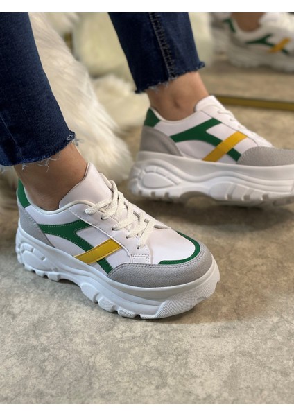 Günlük Kadın Sneaker Kalın Yüksek Taban Bağcıklı Rahat Tiger Şeritli Spor Ayakkabı 032 indirimleri