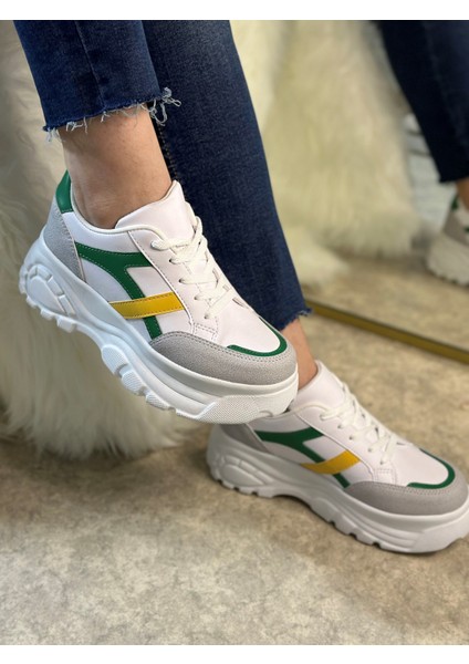 Günlük Kadın Sneaker Kalın Yüksek Taban Bağcıklı Rahat Tiger Şeritli Spor Ayakkabı 032