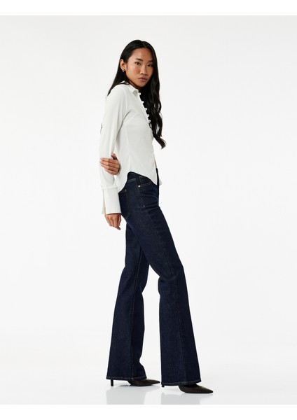 Yüksek Bel Düğme Detaylı Cepli Dar Kesim Ispanyol Paça Jean Pantolon - Flare Jeans fiyatları