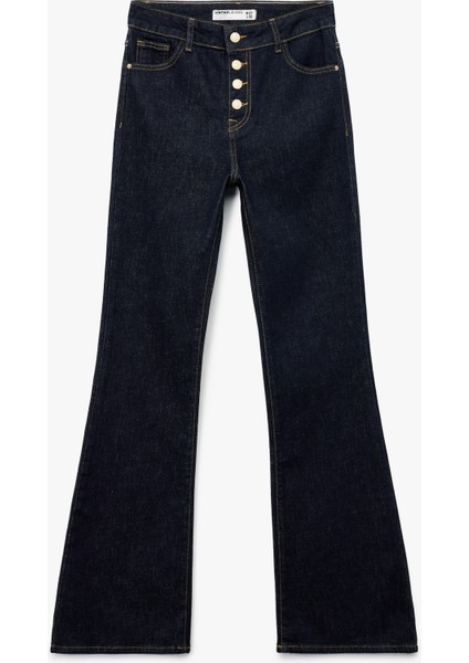 Yüksek Bel Düğme Detaylı Cepli Dar Kesim Ispanyol Paça Jean Pantolon - Flare Jeans fırsatları