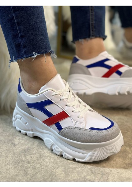 Günlük Kadın Sneaker Kalın Yüksek Taban Bağcıklı Rahat Tiger Şeritli Spor Ayakkabı 032