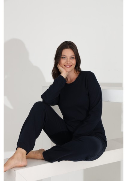%100 Pamuk Uzun Kol Düz Renk Manşetli Cepli Kadın Pijama Takımı 98512 modelleri