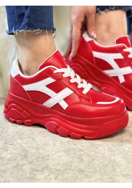Günlük Kadın Sneaker Kalın Yüksek Taban Bağcıklı Rahat Tiger Şeritli Spor Ayakkabı 032