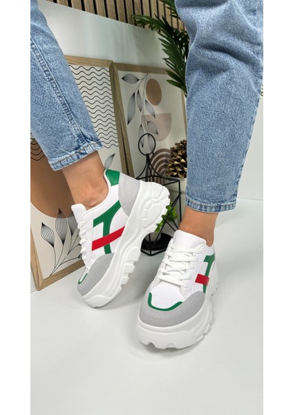 Günlük Kadın Sneaker Kalın Yüksek Taban Bağcıklı Rahat Tiger Şeritli Spor Ayakkabı 032