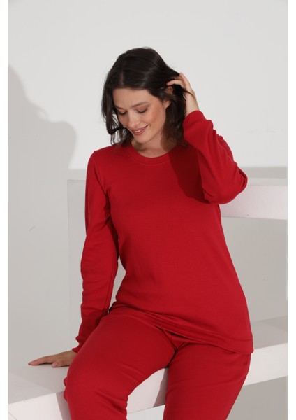 %100 Pamuk Uzun Kol Düz Renk Manşetli Cepli Kadın Pijama Takımı 98512 modelleri