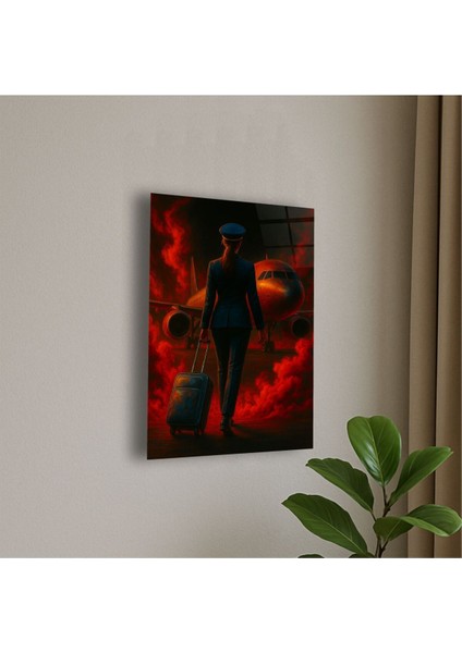 Kadın Pilot ve Uçak Temalı Cam Tablo Kadın Pilot Hediye Isme Özel Doğum Günü, Ev Hediyesi