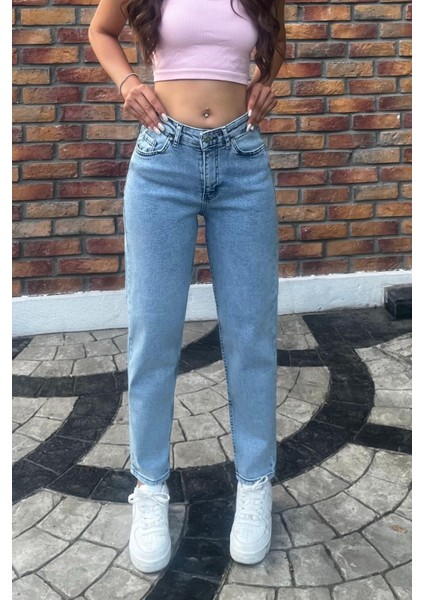 Kadın Yüksek Bel Boyfriend Likralı Kot Pantolon