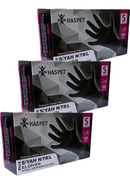 Siyah Nitril Pudrasız Eldiven S Beden Üçlü Paket 300 Adet