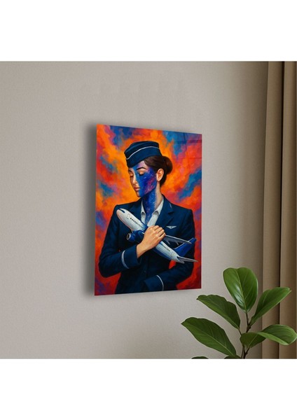 Kadın Havacılık Personel ve Uçak Temalı Cam Tablo Hostes Hediye Isme Özel Doğum Günü, Ev Hediyesi