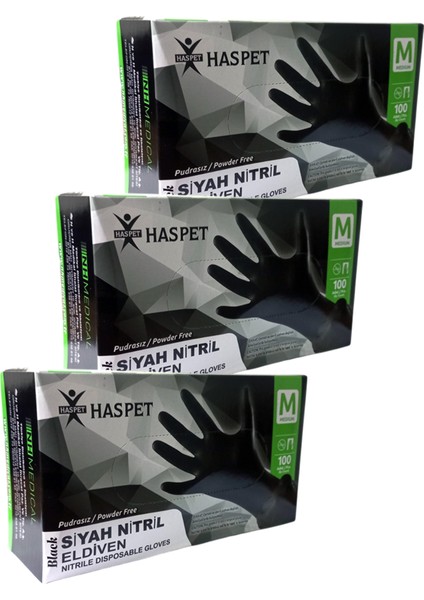Siyah Nitril Pudrasız Eldiven M Beden Üçlü Paket 300 Adet