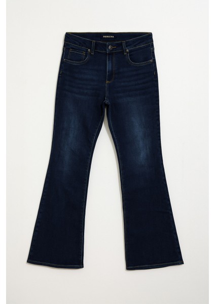 Kadın Yüksek Bel Likralı Ispanyol Paça Jean Pantolon