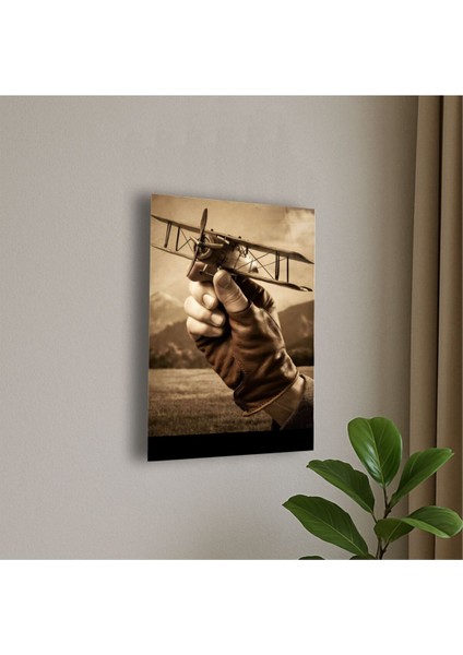 Elde Klasik Uçak Temalı Cam Tablo Pilot Hediye Isme Özel Doğum Günü, Ev Hediyesi
