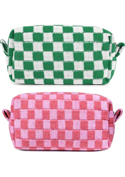 2 Adet Damalı Makyaj Çantaları, Fermuarlı Taşınabilir Seyahat Tuvalet Çantası, Kadınlar Için Makyaj Çantası Saklama Kozmetik Çantası, Pembe ve Yeşil (Yurt Dışından)