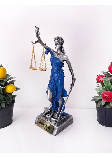 Adalet Heykeli – Gümüş-Mavi Themis Biblo | Avukat ve Hukukçu Hediyesi Dekoratif Obje