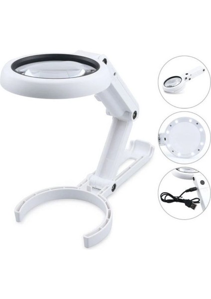 USB Şarj Edilebilir Katlanabilir 3.5-10X Büyüteç 8 Ledli Masa ve Eliçi