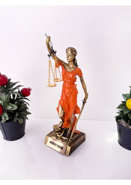 Adalet Heykeli – Gümüş Renk Turuncu Elbise Themis Biblo | Avukat ve Hukukçu Hediyesi Dekoratif Obje indirimleri