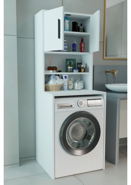 Çamaşır Makinesi Dolabı, Banyo Dolabı, 4 Raflı, Kapaklı, Beyaz Dolap