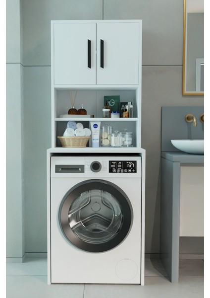 Çamaşır Makinesi Dolabı, Banyo Dolabı, 4 Raflı, Kapaklı, Beyaz Dolap fırsatları