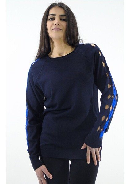 Kol Detaylı Çift Renk Triko Kazak