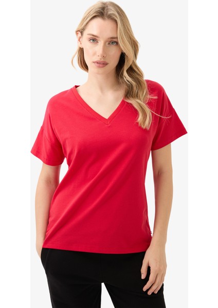 Kadın V Yaka T-Shirt 60584 - Kırmızı
