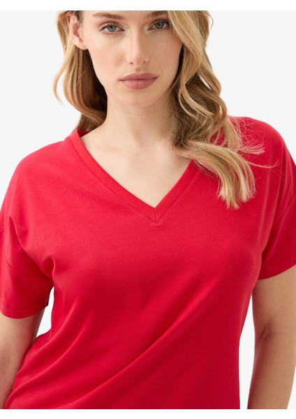 Kadın V Yaka T-Shirt 60584 - Kırmızı modelleri