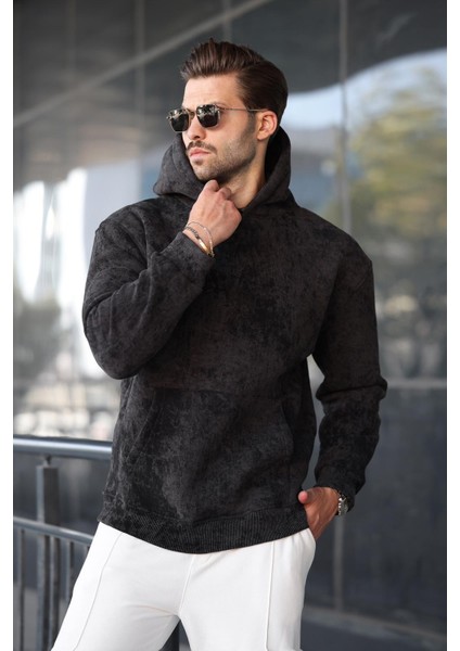 Siyah Desenli Kapüşonlu Erkek Sweatshirt E7167