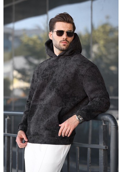 Siyah Desenli Kapüşonlu Erkek Sweatshirt E7167 modelleri