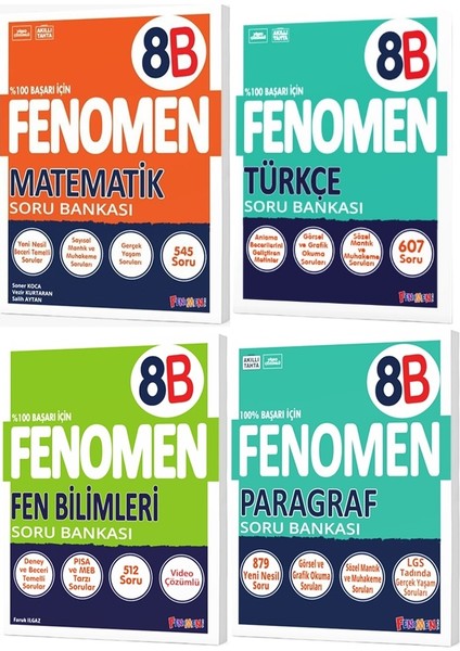Fenomen Okul 2025 8. Sınıf Matematik + Türkçe + Fen + Paragraf B Serisi Soru Bankası Seti 4 Kitap
