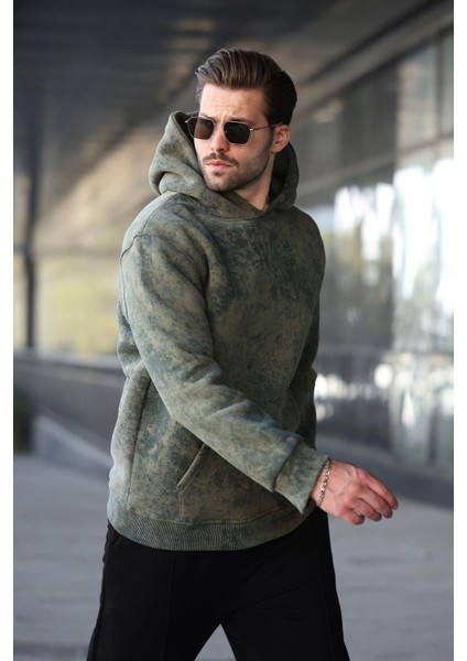 Haki Desenli Kapüşonlu Erkek Sweatshirt E7167 fırsatları