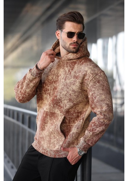 Kahverengi Desenli Kapüşonlu Erkek Sweatshirt E7167