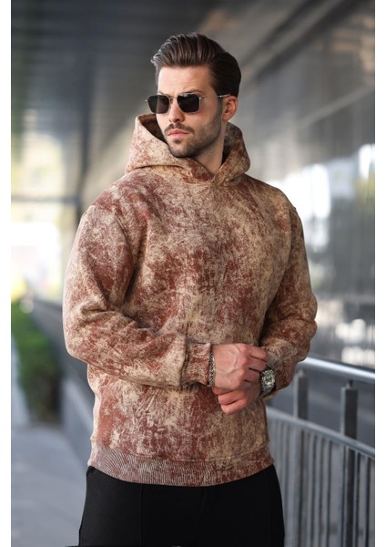 Kahverengi Desenli Kapüşonlu Erkek Sweatshirt E7167 fiyatları
