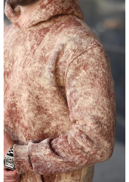 Kahverengi Desenli Kapüşonlu Erkek Sweatshirt E7167 modelleri