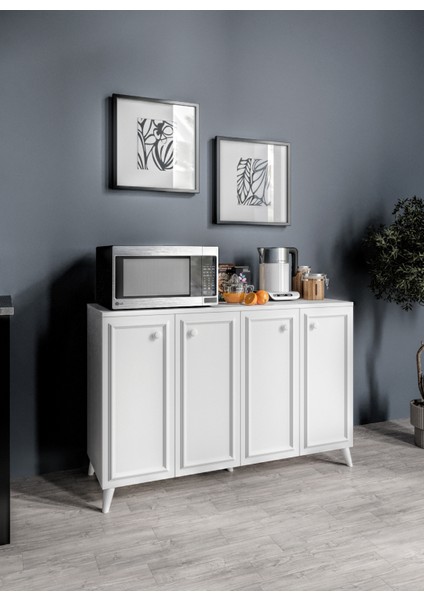 Stella Çok Amaçlı Country Dolap, 4 Kapaklı Country Kiler Mutfak Dolabı Beyaz, Country Konsol