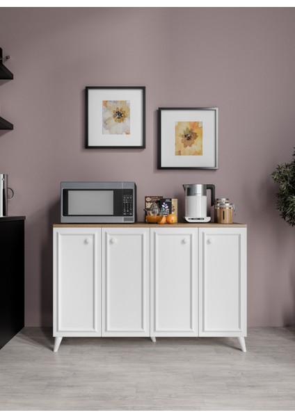 Stella Çok Amaçlı Country Dolap, 4 Kapaklı Country Kiler Mutfak Dolabı Beyaz, Country Konsol