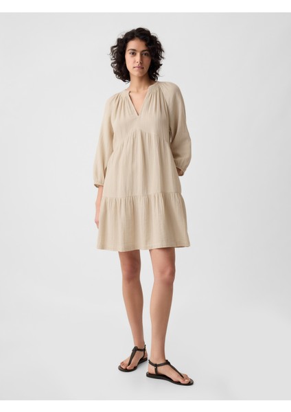 Kadın Bej Crinkle Gauze Mini Elbise fırsatları