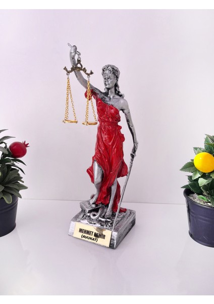 Adalet Heykeli – Gümüş-Kırmızı Themis Biblo | Avukat ve Hukukçu Hediyesi Dekoratif Obje