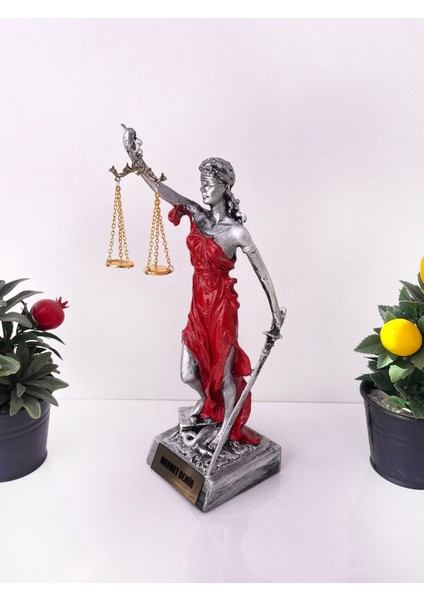Adalet Heykeli – Gümüş-Kırmızı Themis Biblo | Avukat ve Hukukçu Hediyesi Dekoratif Obje modelleri